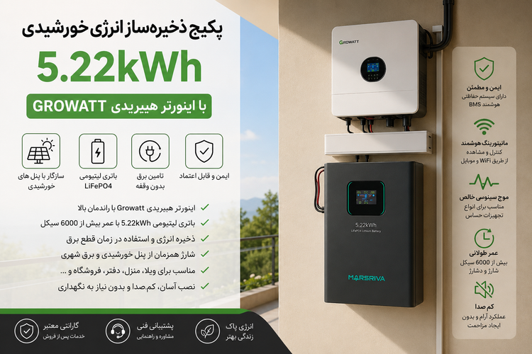 پکیج ذخیرهساز انرژی خورشیدی 5.22 کیلوواتساعت با اینورتر هیبریدی