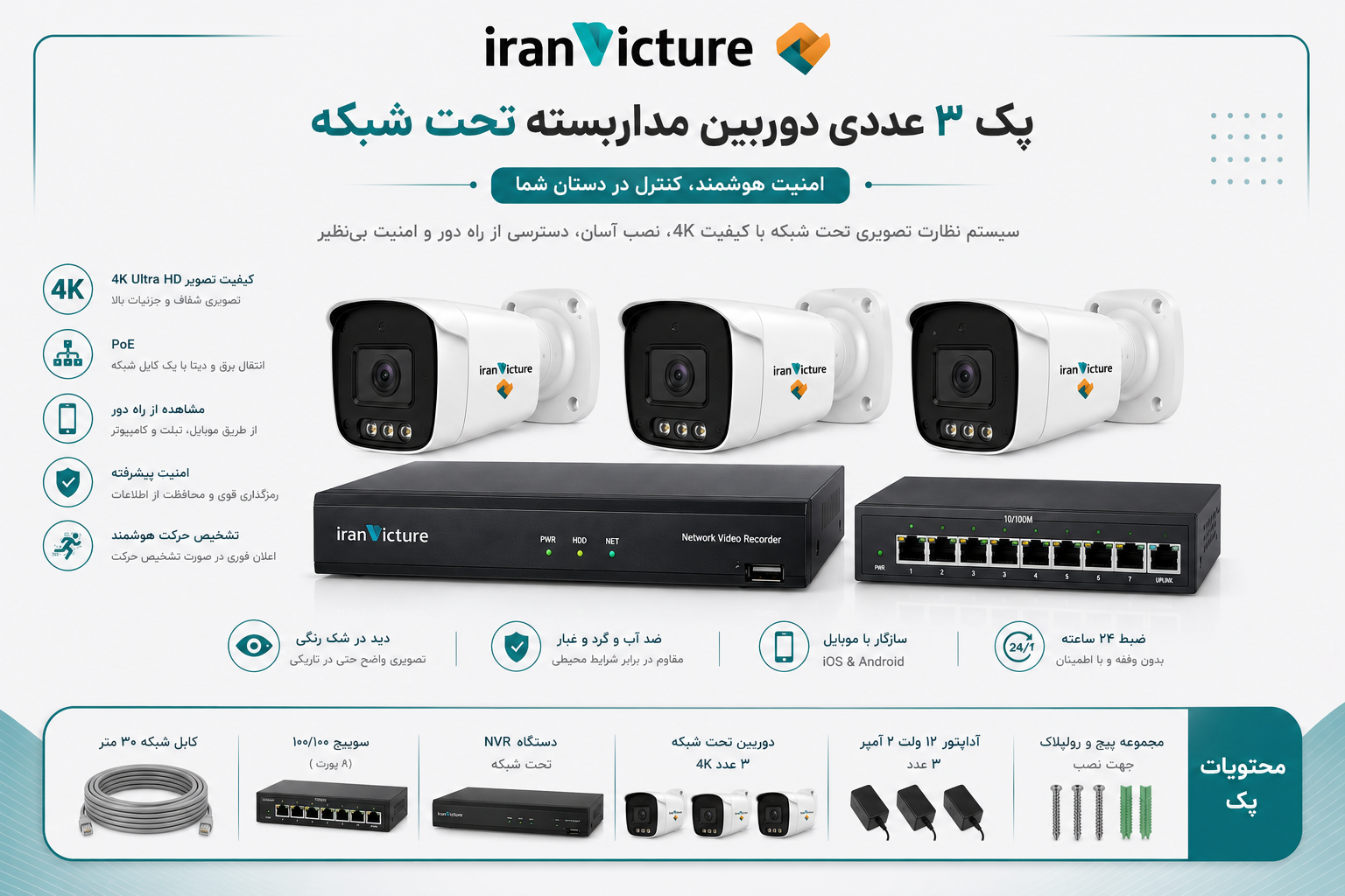 پک 3 عددی دوربین تحت شبکه  دید در شب رنگی (5 مگ میکروفن دار) با هارد و وسایل کامل